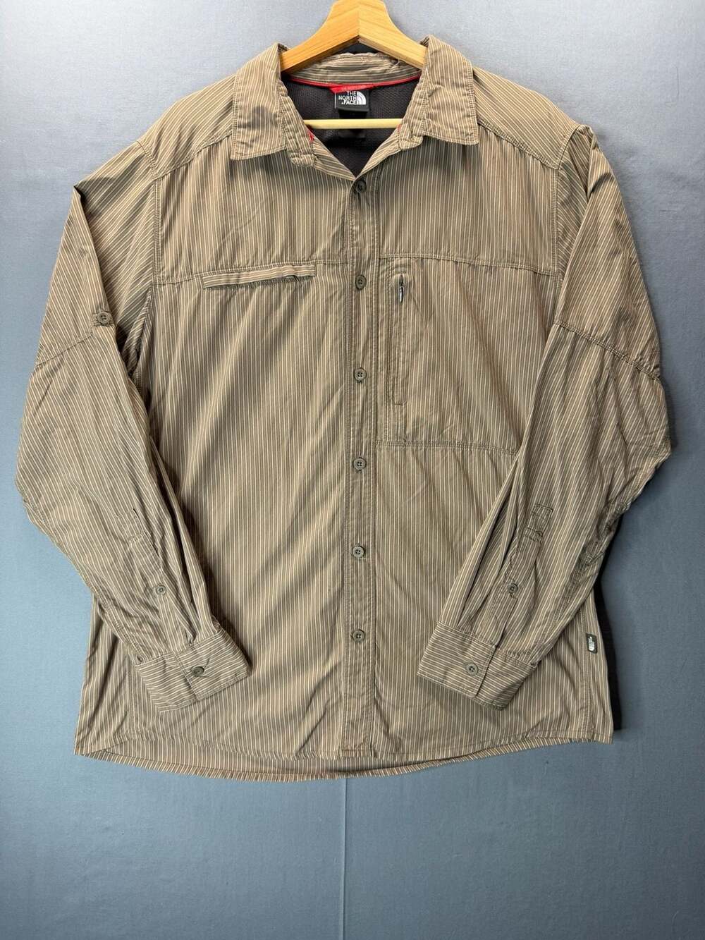 The North Face Long Sleeve Button Down Shirt Brown Striped Hiking Outdoor Large